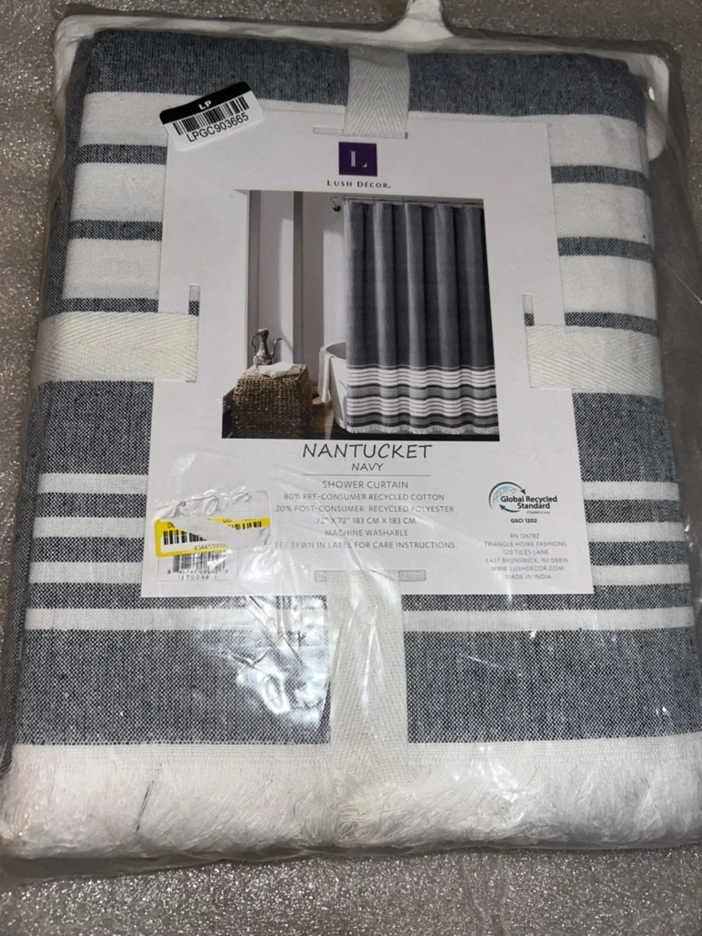 Nantucket Navy/ White Striped Shower Curtain with Fringe - 72” x 72”
